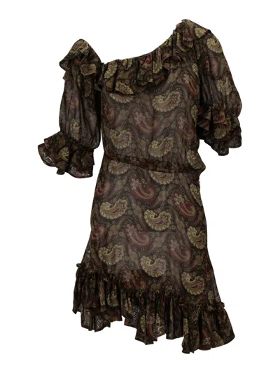 Saint Laurent One Shoulder Paisley Ruffle Dress In Red