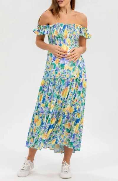 Pietro Brunelli Maternity Floral Smocked Off The Shoulder Maternity Dress In Green