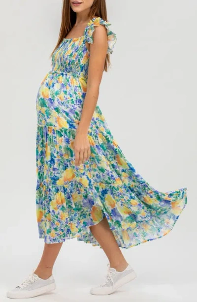 Pietro Brunelli Maternity Floral Smocked Off The Shoulder Maternity Dress In Green