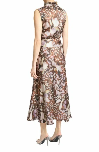 Santorelli Nirva Sleeveless Ruffle-neck Midi Dress In Abstract Floral Silk In Hickory Multi