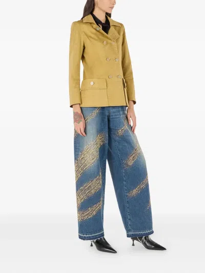 Roberto Cavalli Double-breasted Jacket With Python Pattern In Yellow