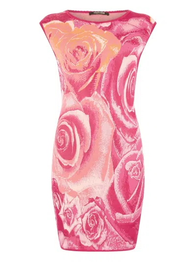 Roberto Cavalli Mini Dress With Garden Rose Print In Rosa
