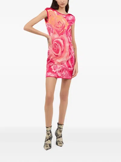 Roberto Cavalli Mini Dress With Garden Rose Print In Rosa