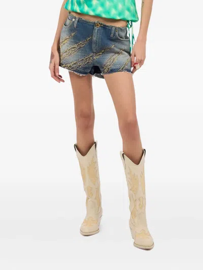 Roberto Cavalli Zebra Studded And Rhinestone Patterned Shorts In Blue