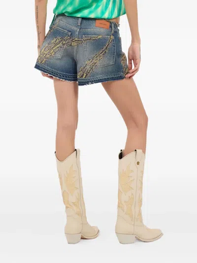 Roberto Cavalli Zebra Studded And Rhinestone Patterned Shorts In Blue