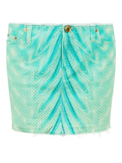Roberto Cavalli Mini Skirt With Optical Glass Print And Micro Studs In Green
