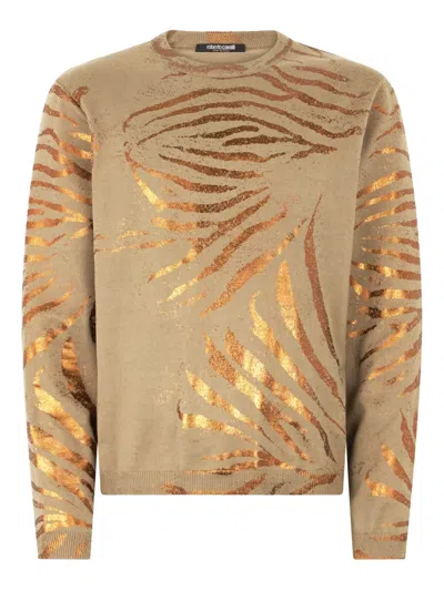 Roberto Cavalli Top With Golden Tiger Skin Motif In Light Brown