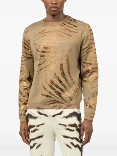 Roberto Cavalli Top With Golden Tiger Skin Motif In Light Brown