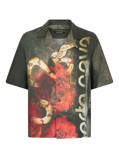 Roberto Cavalli Silk Shirt With Roses And Snakes Print In Red