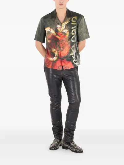 Roberto Cavalli Silk Shirt With Roses And Snakes Print In Red