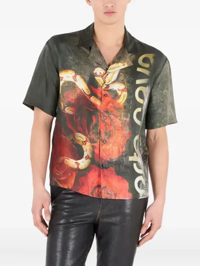 Roberto Cavalli Silk Shirt With Roses And Snakes Print In Red