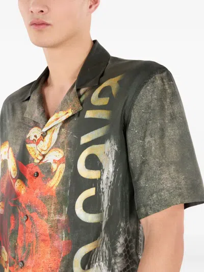 Roberto Cavalli Silk Shirt With Roses And Snakes Print In Red