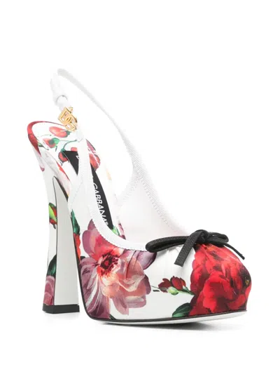 Dolce & Gabbana Satin Pumps With Floral Print And Bow In White