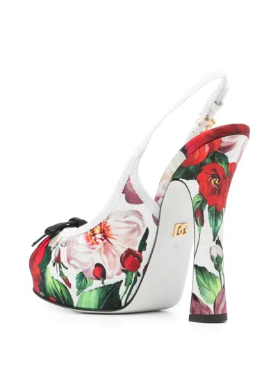 Dolce & Gabbana Satin Pumps With Floral Print And Bow In White
