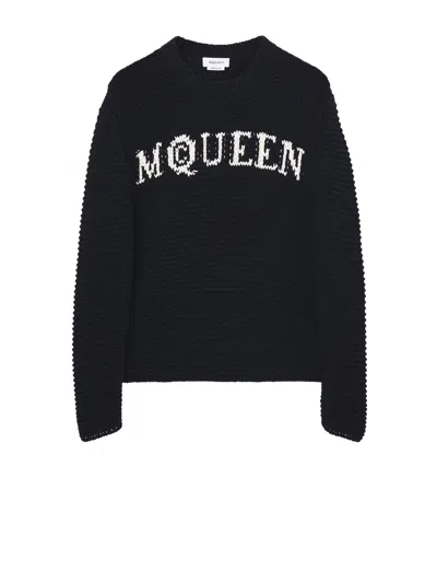 Alexander Mcqueen Mcqueen Textured Cotton Sweater With Inlaid Logo In Blackivory