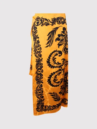 Etro Orange Skirt With Asymmetric Design And All-over Stencil Floral Print In Viscose Woman In Yellow & Orange