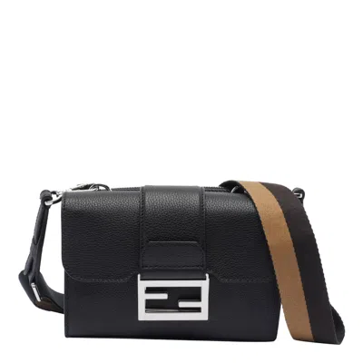 Fendi Double Baguette Grained Leather Messenger Bag In Black