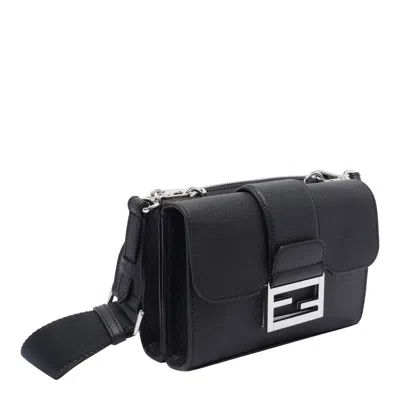 Fendi Double Baguette Grained Leather Messenger Bag In Black