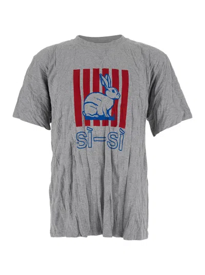 Bottega Veneta Men Grey Crewneck T-shirt With Maxi Print On The Front And Wrinkled Ffect In Cotton M In Gray