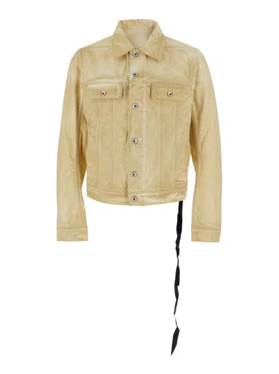Drkshdw Trucker Beige Jacket With Classic Collar And Drawstring Detail On The Waist In Cotton Man In Beige