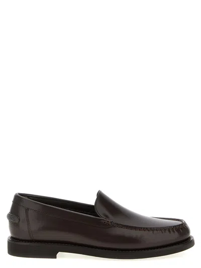 Brunello Cucinelli Round Toe Leather Loafers With Stitched Detailing In Brown