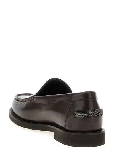 Brunello Cucinelli Round Toe Leather Loafers With Stitched Detailing In Brown