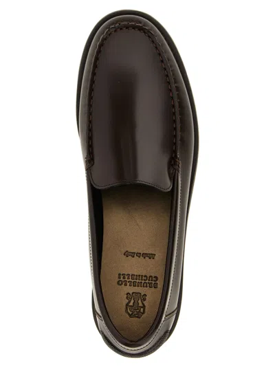 Brunello Cucinelli Round Toe Leather Loafers With Stitched Detailing In Brown