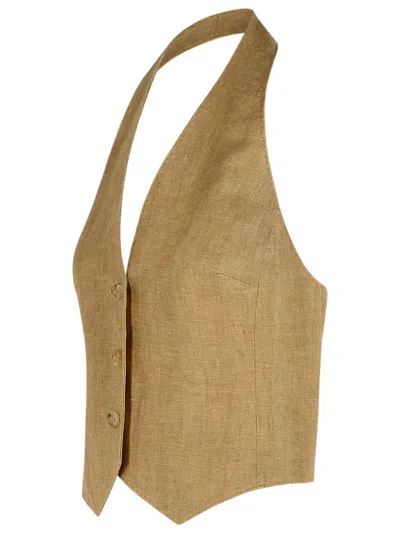 Max Mara 'sauro' Halterneck Buttoned Linen Vest In Brown