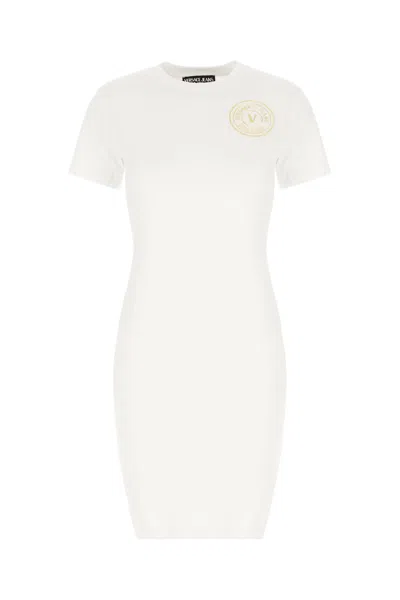 Versace Jeans Couture White V-emblem Logo T-shirt Minidress In White Gold