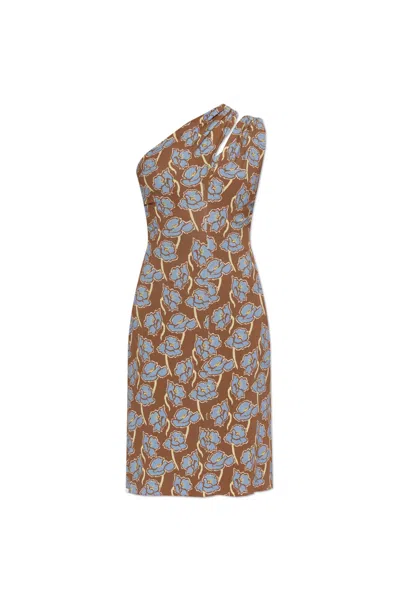 Versace Printed Stretch Crepe One-shoulder Dress In Tobaccopowderblue