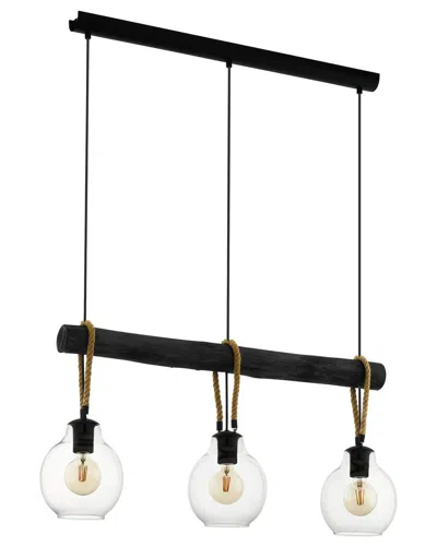 Eglo Roding 3 Light Linear Pendant With Black Finish , Brown Roping & Clear Glass Shade