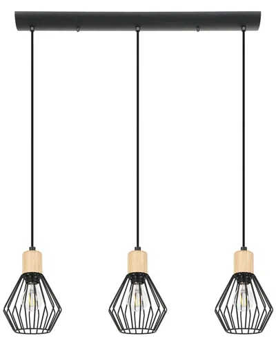 Eglo Palmorla 3 Light Linear Pendant With Black Finish & Open Frame Black Shades With Wood Accents