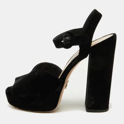 Pre-owned Prada Black Velvet Block Heel Platform Ankle Strap Sandals Size 38