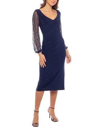 Marina Ity Ruched Long Sleeve Midi Cocktail Dress In Blue