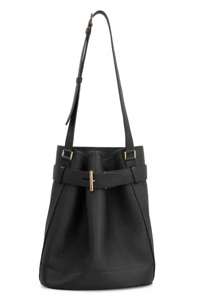 Tom Ford Black Medium Bucket Bag With Adjustable Shoulder Strap And Buckle Closure In Grained Leather Woman In Black