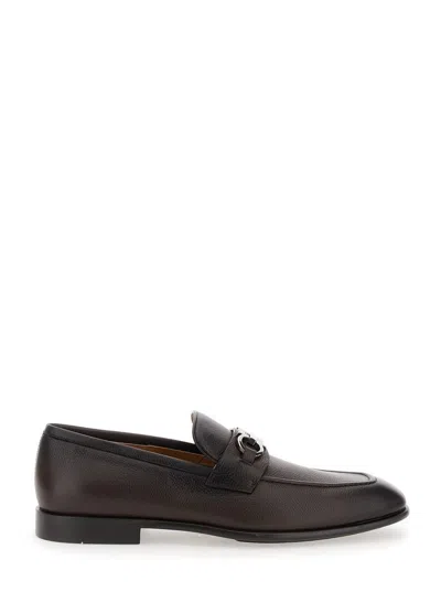 Ferragamo Foster Gancini Loafers In Hammered Leather In Brown
