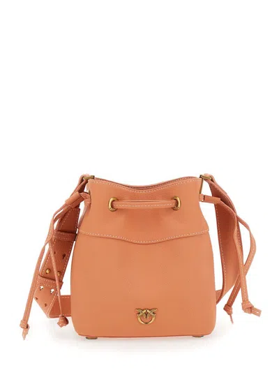 Pinko Orange Mini Bucket Bag With Metallic Love Birds Logo On The Front In Hammered Leather Woman In Orange