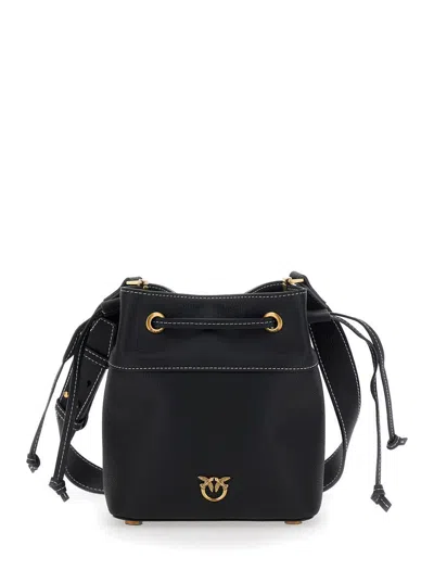 Pinko Black Mini Bucket Bag With Metallic Love Birds Logo On The Front In Hammered Leather Woman In Black