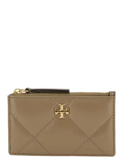 Tory Burch Beige Diamond-quilted Card Holder With Double T Logo Plaque On The Front In Leather Woman In Beige