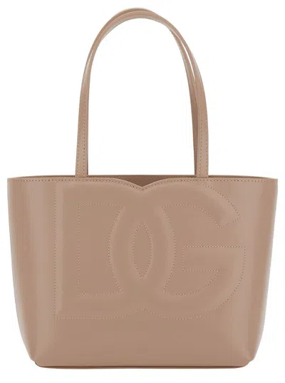 Dolce & Gabbana 'dg Logo' Small Beige Tote Bag With Logo Detail In Leather Woman In Pink