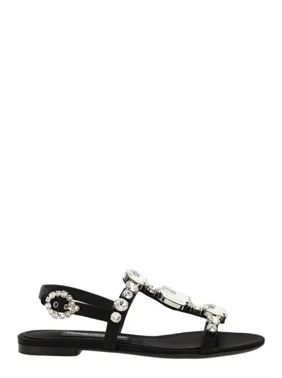 Dolce & Gabbana Black Sandals With Embroidered Stones Decorations In Satin Woman In Black