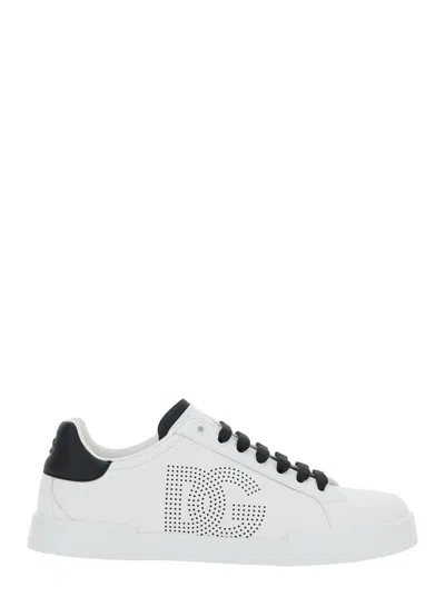 Dolce & Gabbana White And Black Leather Sneakers In White
