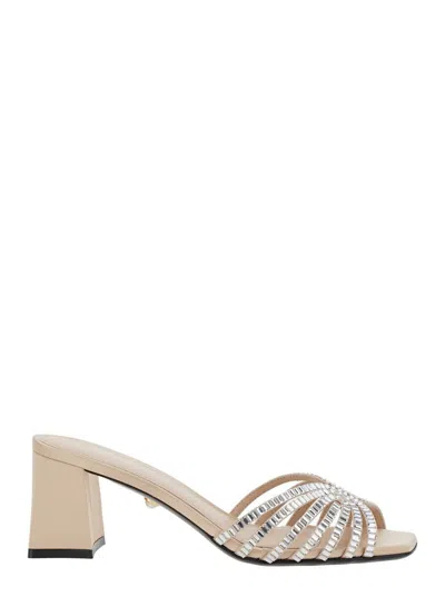 Alevì Milano 'vittoria' Metallic Rhinestoned Sandals With Block Heel In Leather Woman In Grey