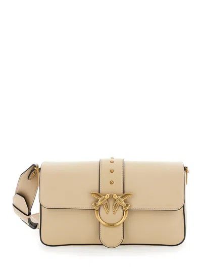 Pinko 'love One Classic' Beige Handbag With Love Birds Metallic Plaque On The Front In Leather Woman In Beige