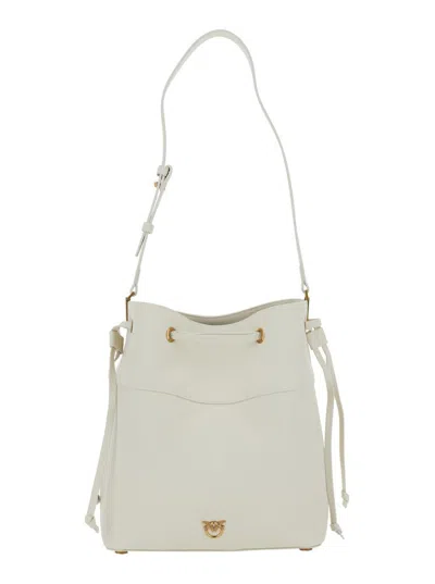 Pinko White Bucket Bag With Metallic Love Birds Logo On The Front In Hammered Leather Woman In White