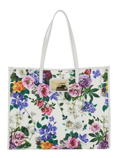 Dolce & Gabbana White Shopper With All-over Floral Motif In Fabric Woman In Multicolor