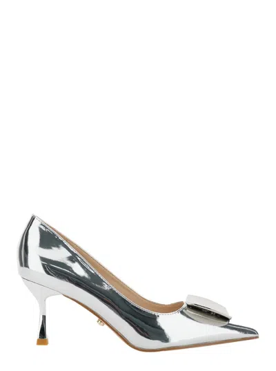 Twentyfourhaitch Metallic Pumps With Metallic Square Buckle And Stiletto Heel In Mirrored Fabric Woman In Grey