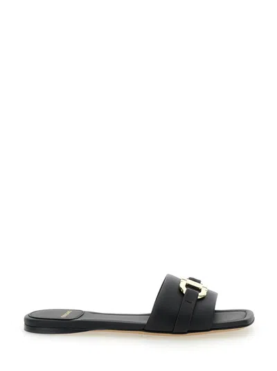 Shop Ferragamo 'leah' Black Sandals With Gancini Plate On Front