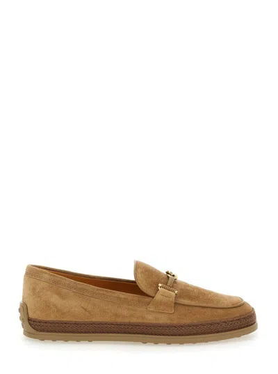 Tod's Suede Loafers With Cord Weaving And T Ring In Brown