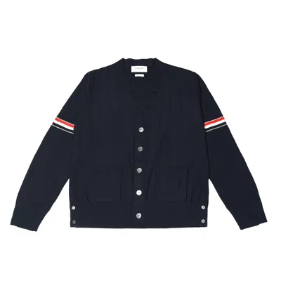Thom Browne Tricolour Stripe Detail V-neck Cotton Cardigan In Blue